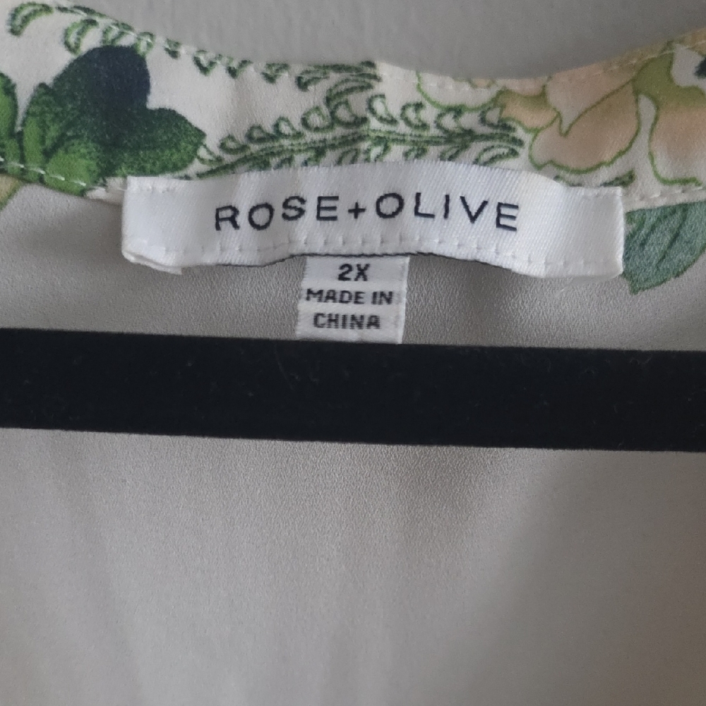 Rose & Olive Ivory Floral Scarf-Neck Blouse with Green and Orange Print - Picture 3 of 7